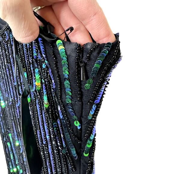 h:ours NWT Revolve Zafiro Sequin Green Iridescent Asymmetric Hem Midi Dress - Picture 8 of 10